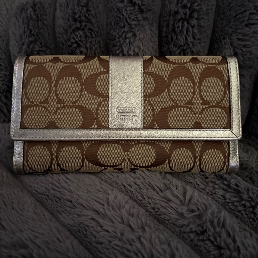 Coach Tan and Silver Signature Wallet